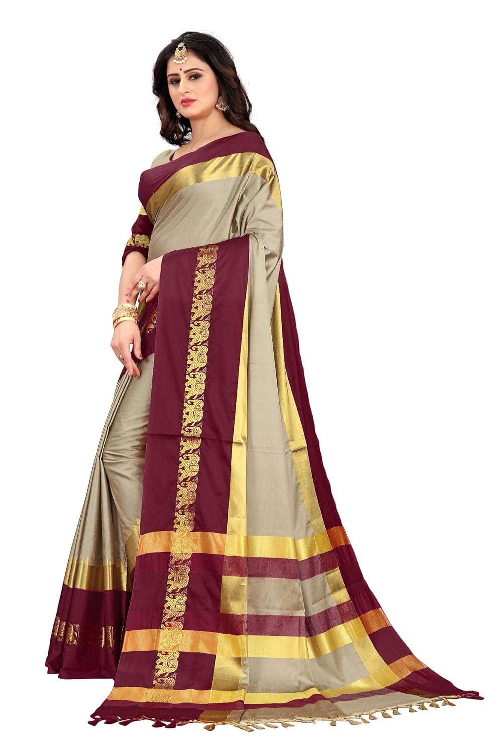 Women's Cotton Silk Plain Zari Work Designer Saree
