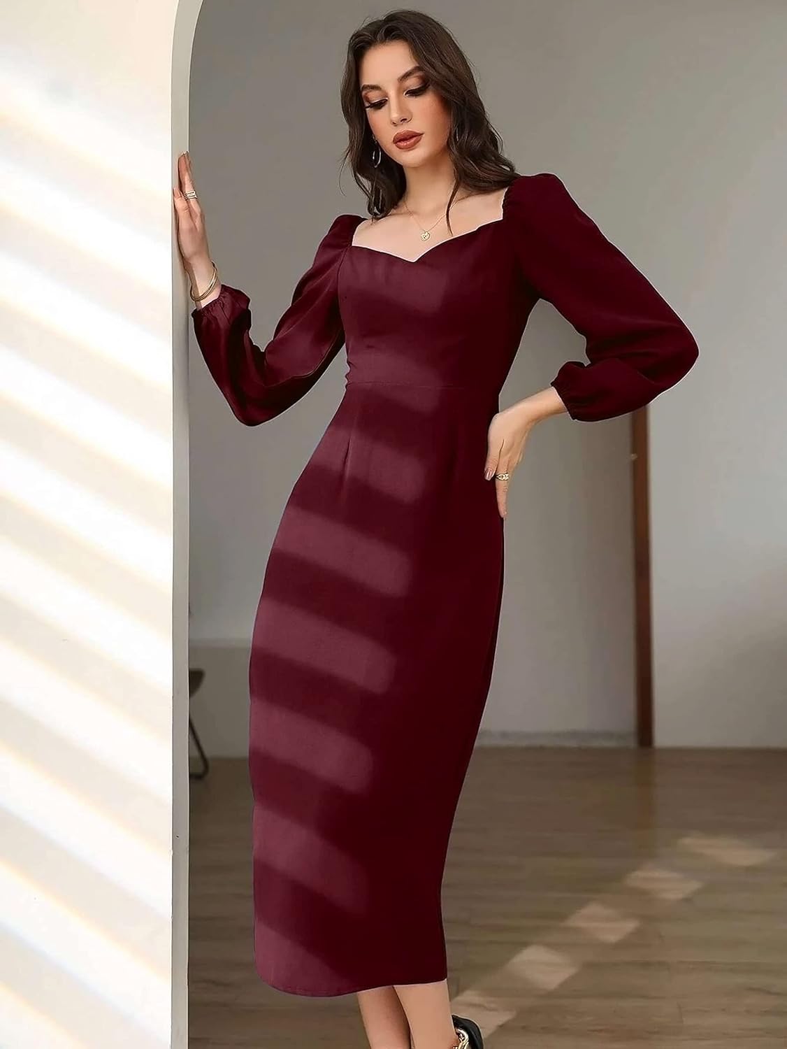 rosery paris Midi Bodycon Bishop Puff Sleeve One Piece Dress Causal Formal