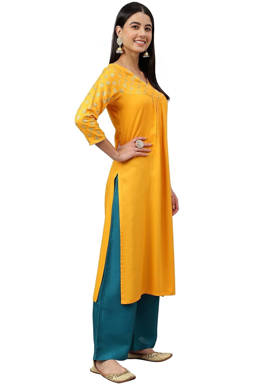 Women's Orange Rayon Gold Floral Print Straight Kurta