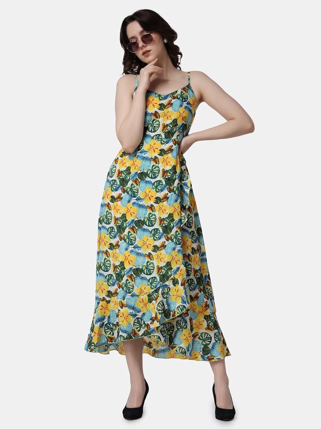 POPWINGS Casual Floral Printed Maxi Length Fit & Flare Dress for Women || Summer Dress for Women || Flare Maxi Dress for Women Stylish || Sleeveless Dress for Women