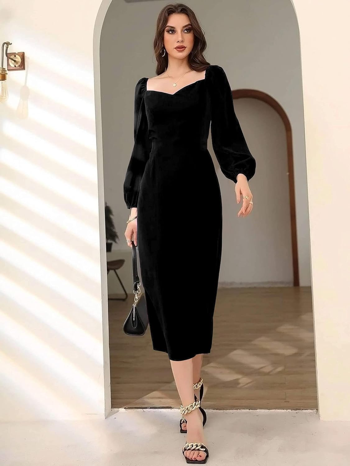 rosery paris Midi Bodycon Bishop Puff Sleeve One Piece Dress Causal Formal