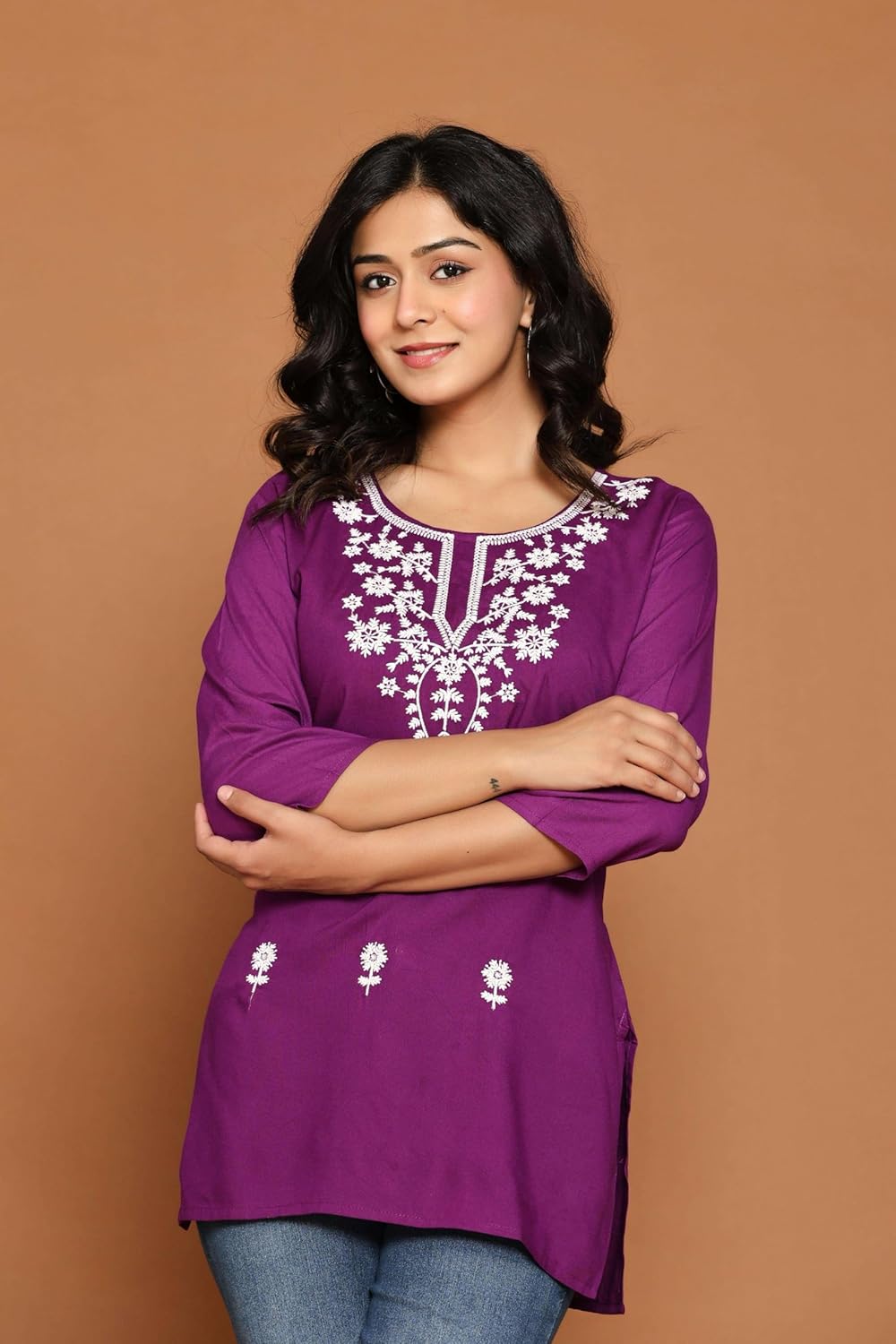 Women's Cotton Kurti with White Floral Embroidery