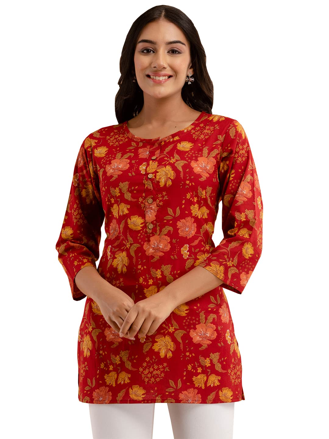 feranoid Women Cotton Printed Straight Short Kurti
