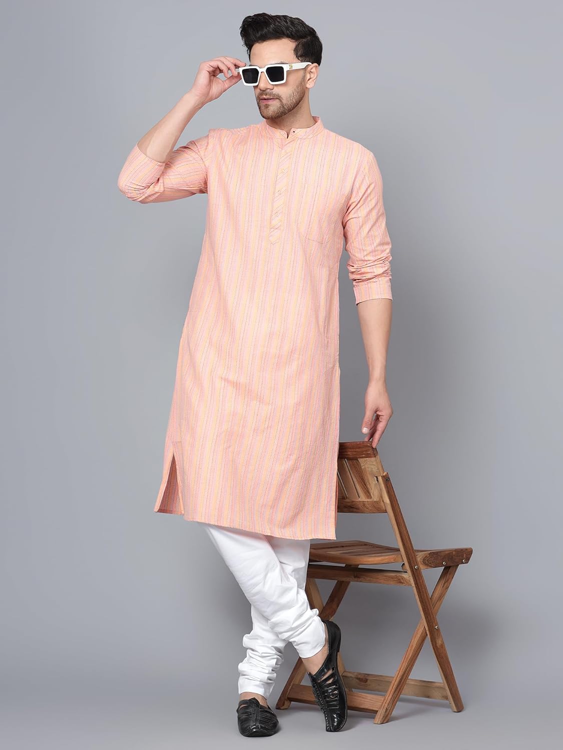 CHIKAN Men's Cotton Regular Striped Knee Lenght Kurta