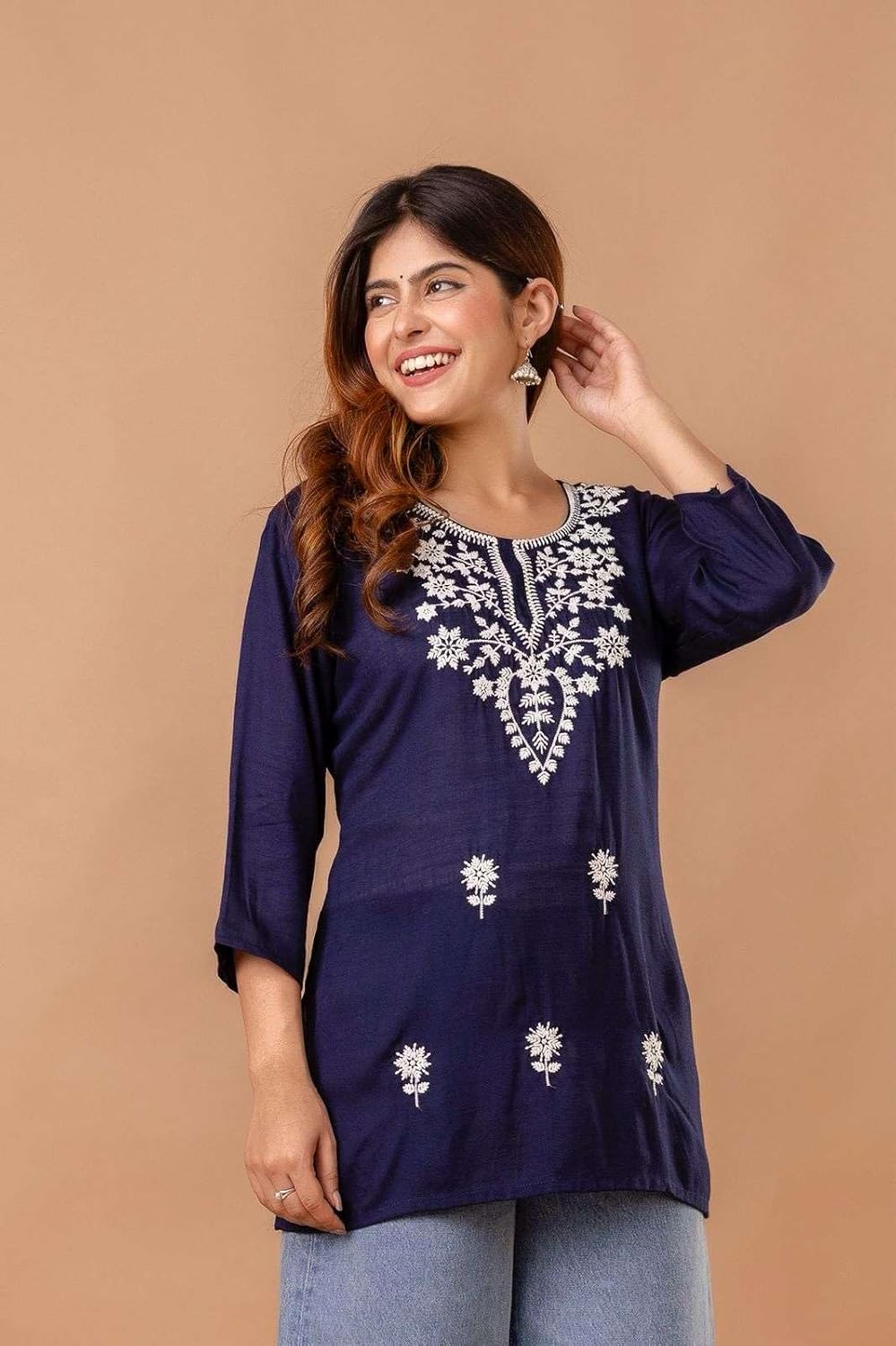 Women's Cotton Kurti with White Floral Embroidery