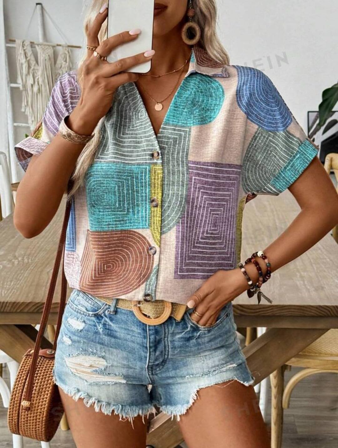 Gufrina Women's Colorful Abstract Geometric Print Shirt
