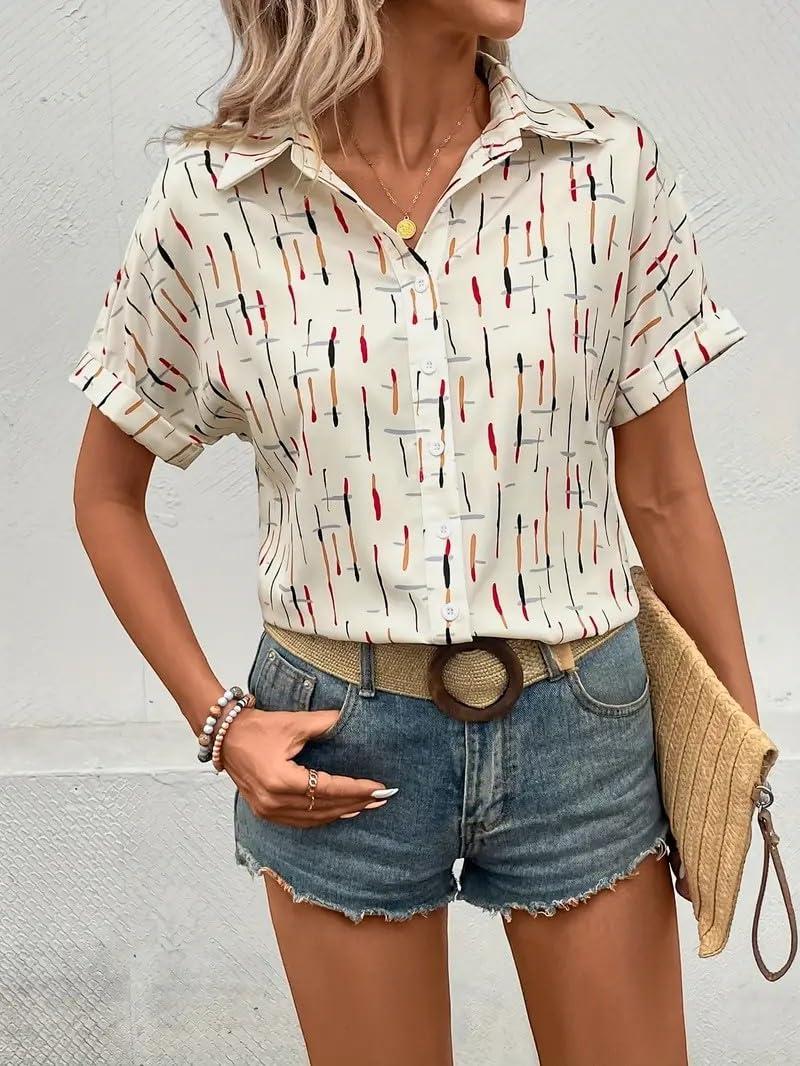 Gufrina Women’s Short Sleeve Button Down Shirt with Abstract Brushstroke Print in Beige and Multicolor - Lightweight Casual Summer Top for Relaxed Fit