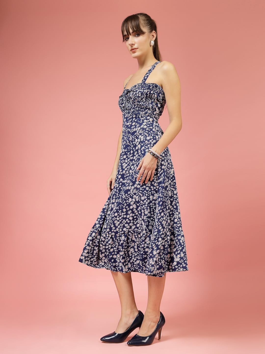 OOMPH! Women A-Line Printed Crepe Midi Dress, Smocked Bodice