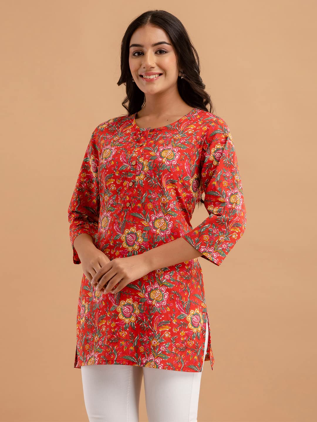 feranoid Women Cotton Printed Straight Short Kurti