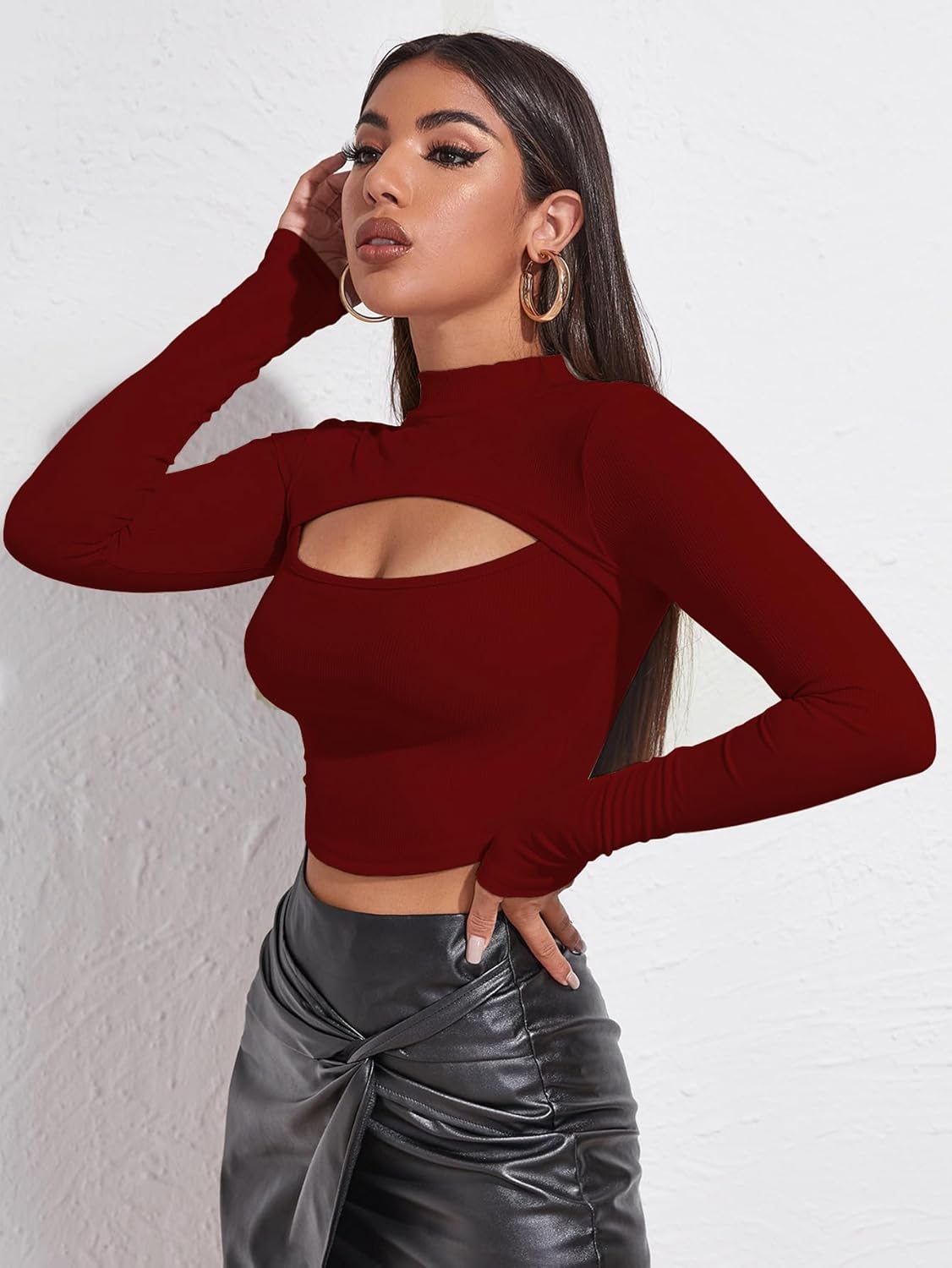 Sugathari Women's & Girl's Solid Knitted Full Sleeve High Neck Ruched Bust Crop Tee Tops (Top 109)