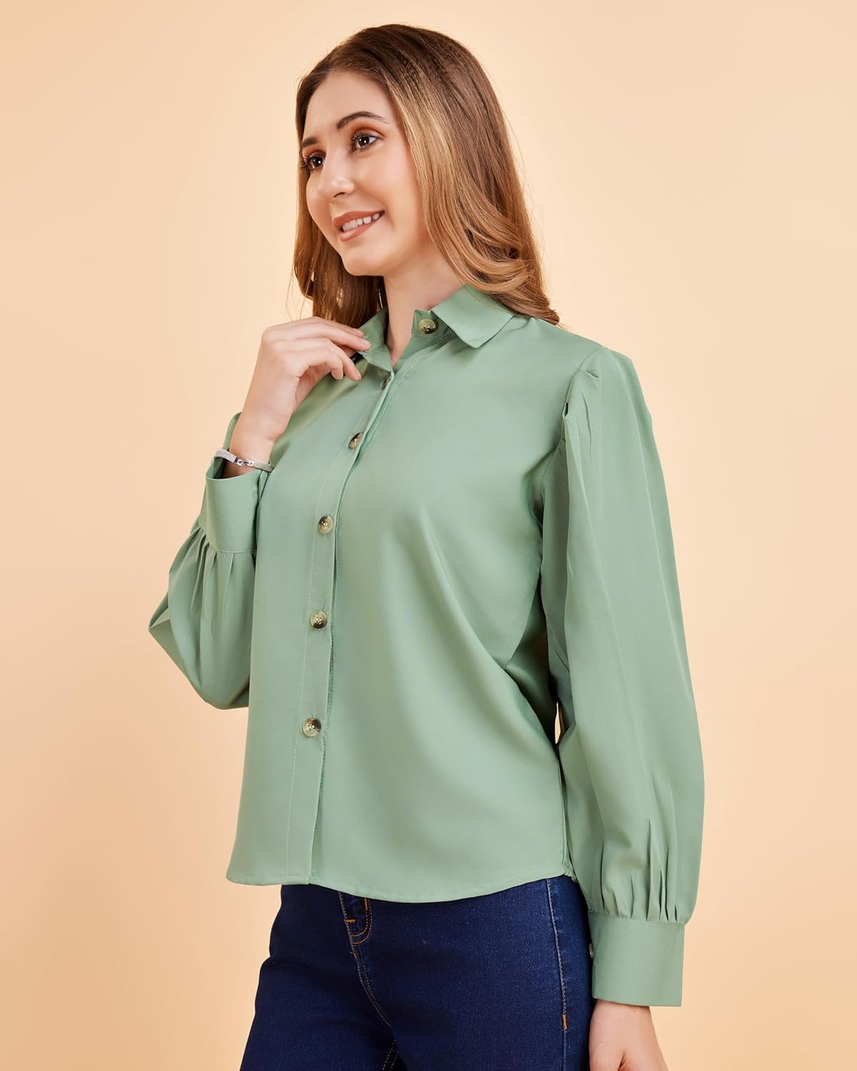 harshiv Enterprise Women's Crepe Casual Balloon Sleeve Shirt | Stylish Lightweight Top for Office, Travel Comfortable, Breathable, Easy to Care Fabric