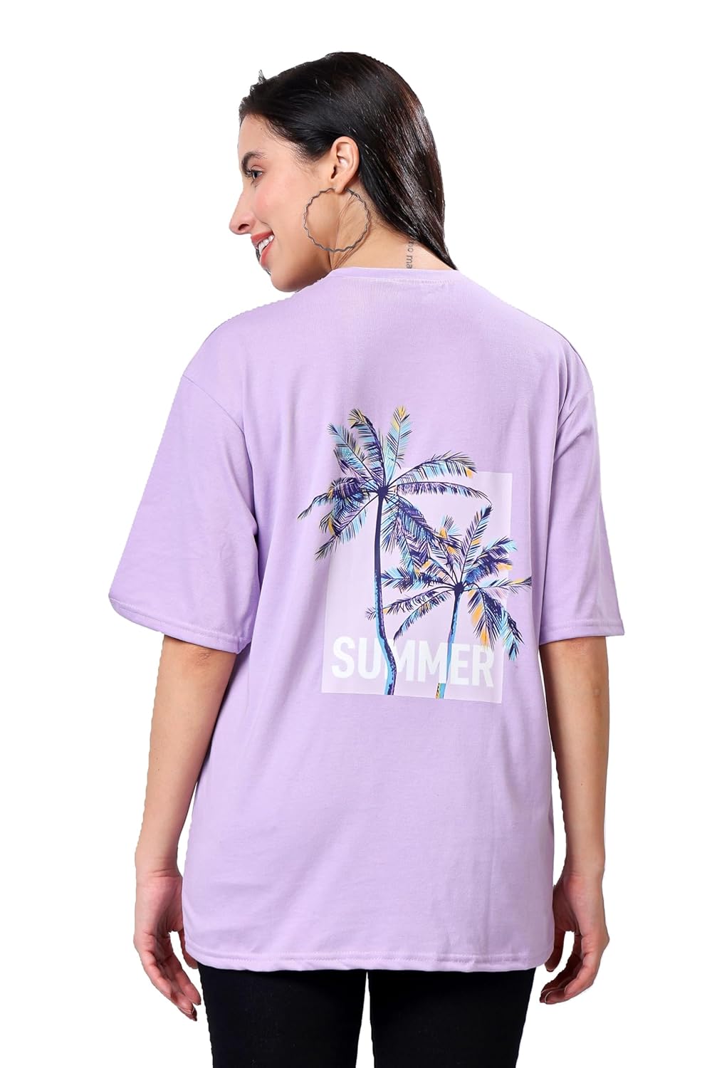 TQH Women's Casual Printed Round Neck, Oversized Longline Drop Shoulder Boho Style T-Shirt