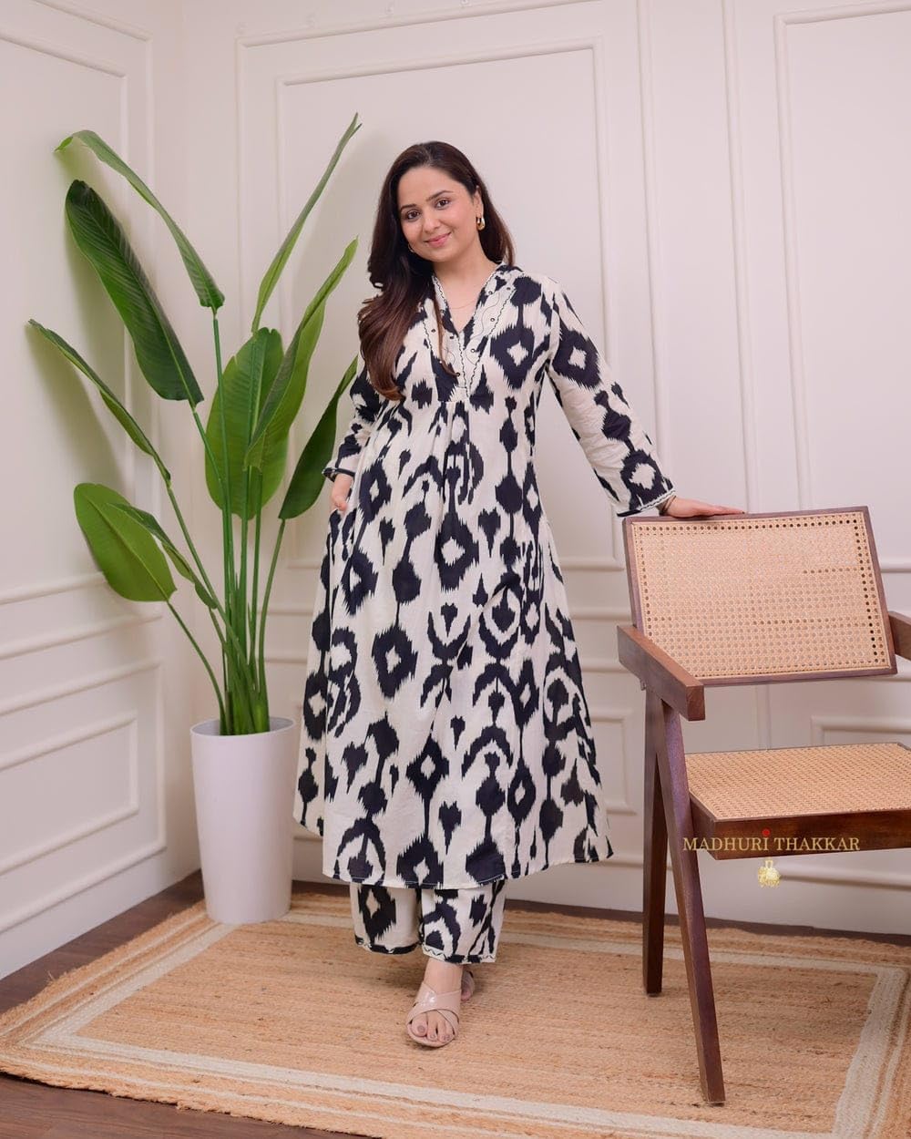 Ivory Green Floral Rayon A LINE Kurta Palazzo Set