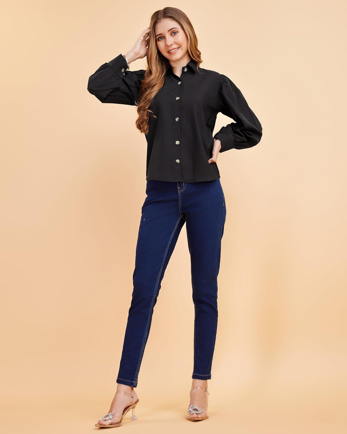 harshiv Enterprise Women's Crepe Casual Balloon Sleeve Shirt | Stylish Lightweight Top for Office, Travel Comfortable, Breathable, Easy to Care Fabric