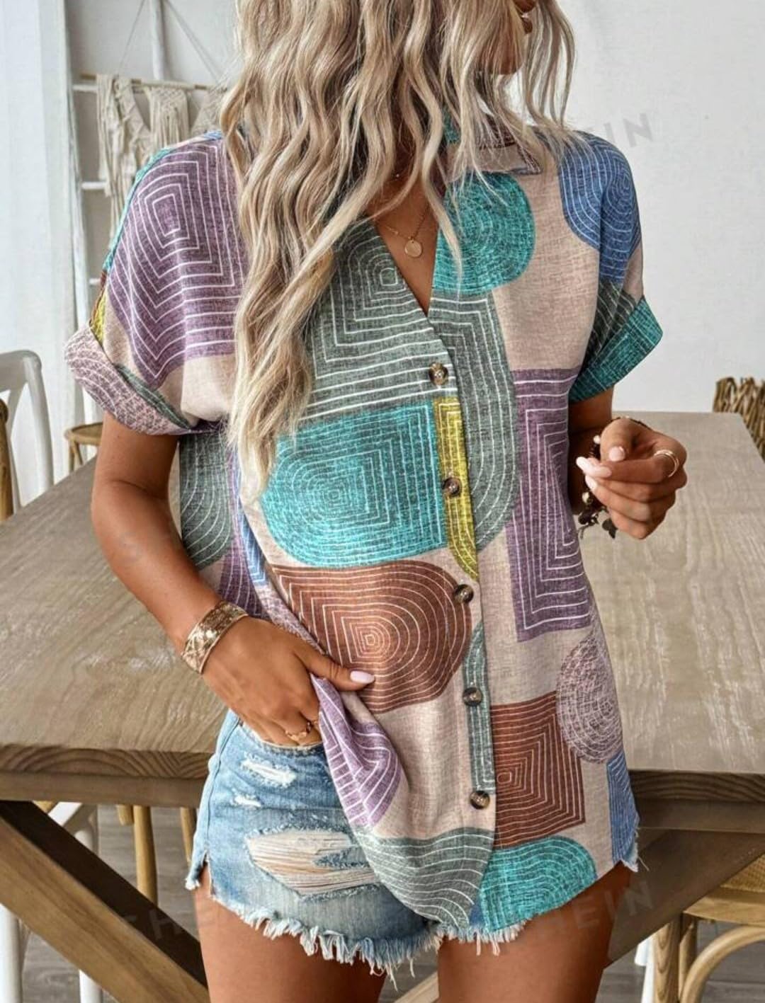 Gufrina Women's Colorful Abstract Geometric Print Shirt