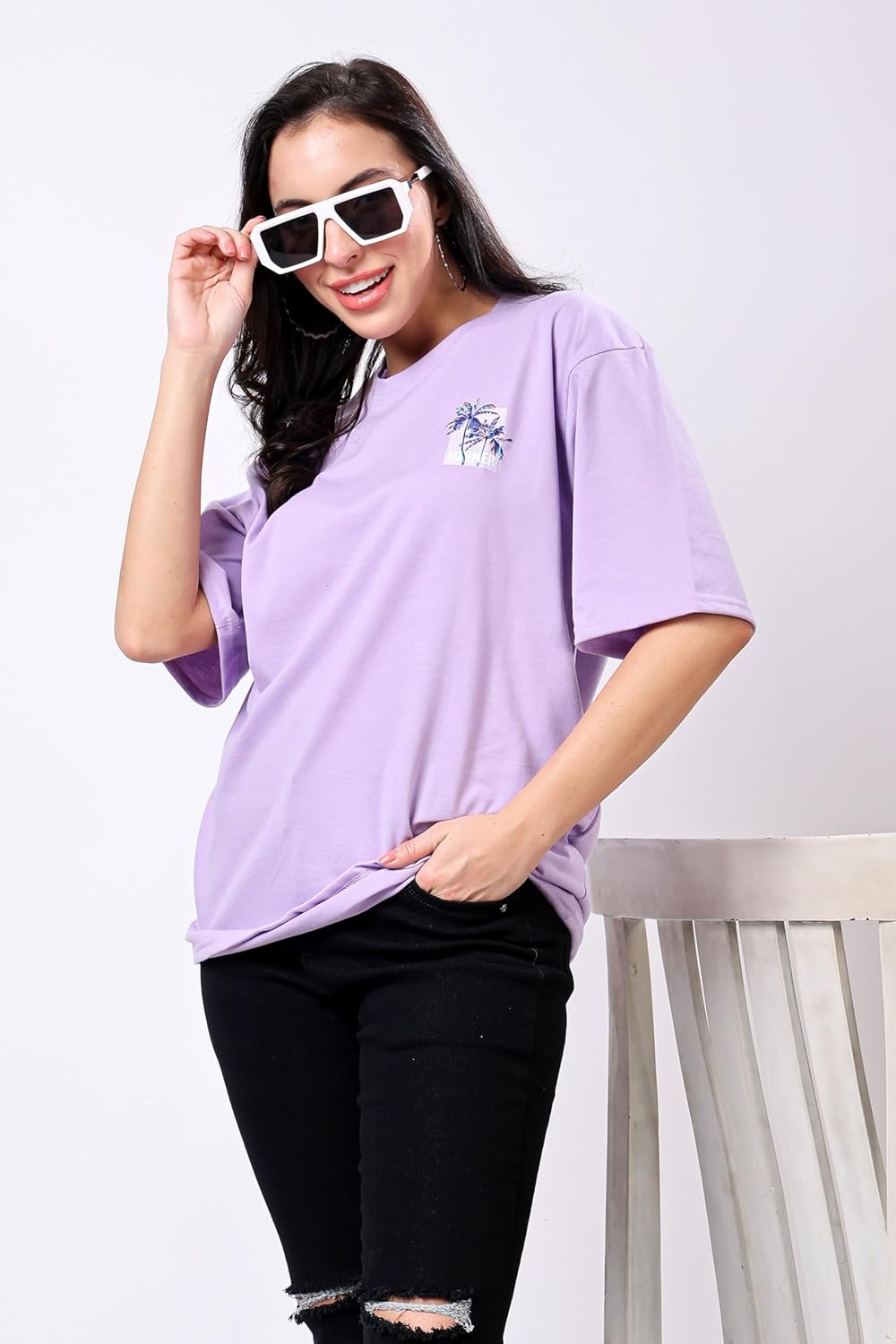 TQH Women's Casual Printed Round Neck, Oversized Longline Drop Shoulder Boho Style T-Shirt