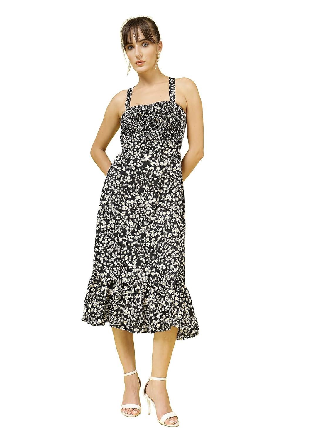OOMPH! Women A-Line Printed Crepe Midi Dress, Smocked Bodice