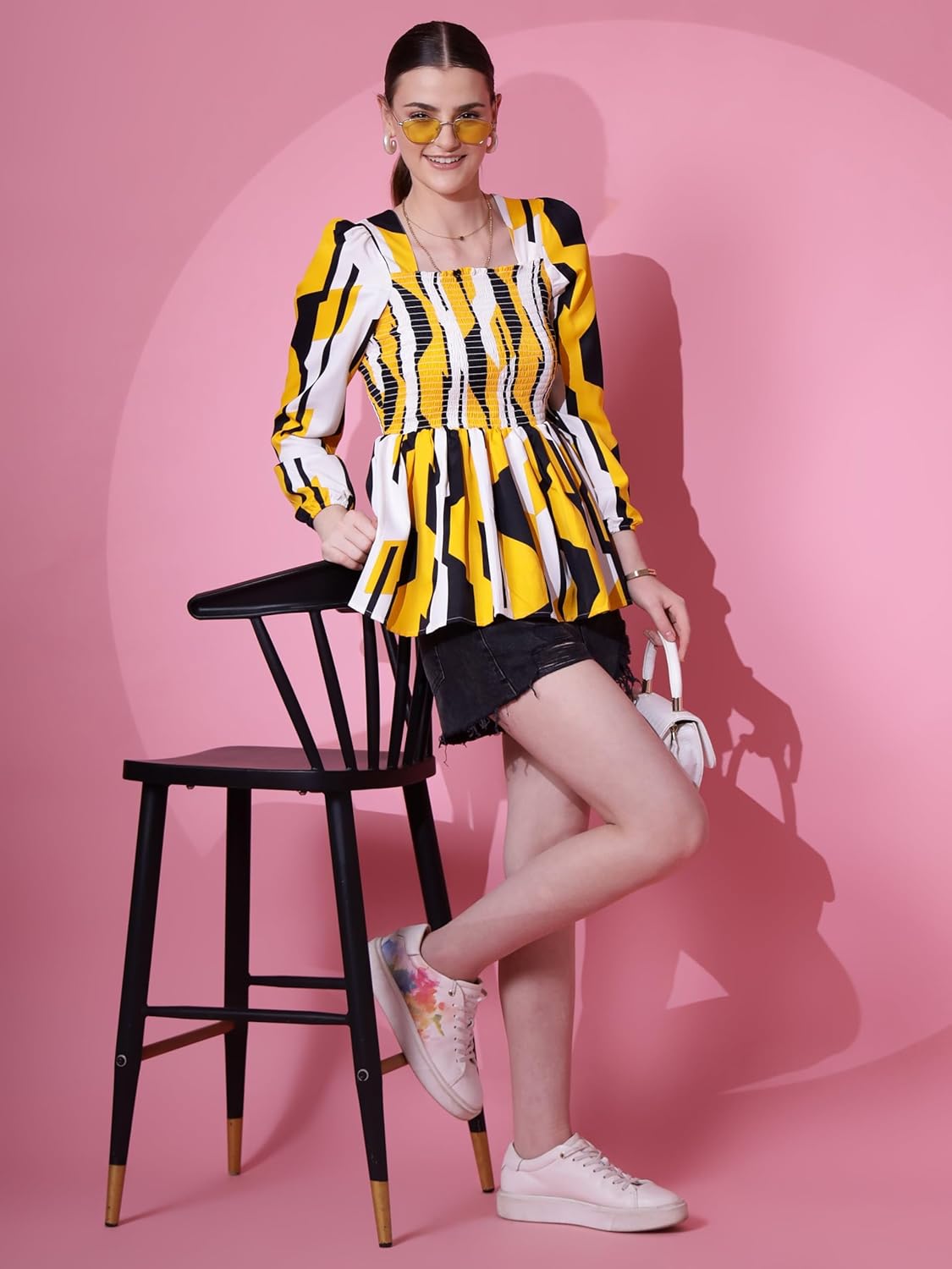 Sheetal Associates Women's Crepe Puff Sleeves Peplum Top with Floral Printed Regular Fit Full Sleeve and V-Neck Maxi Length