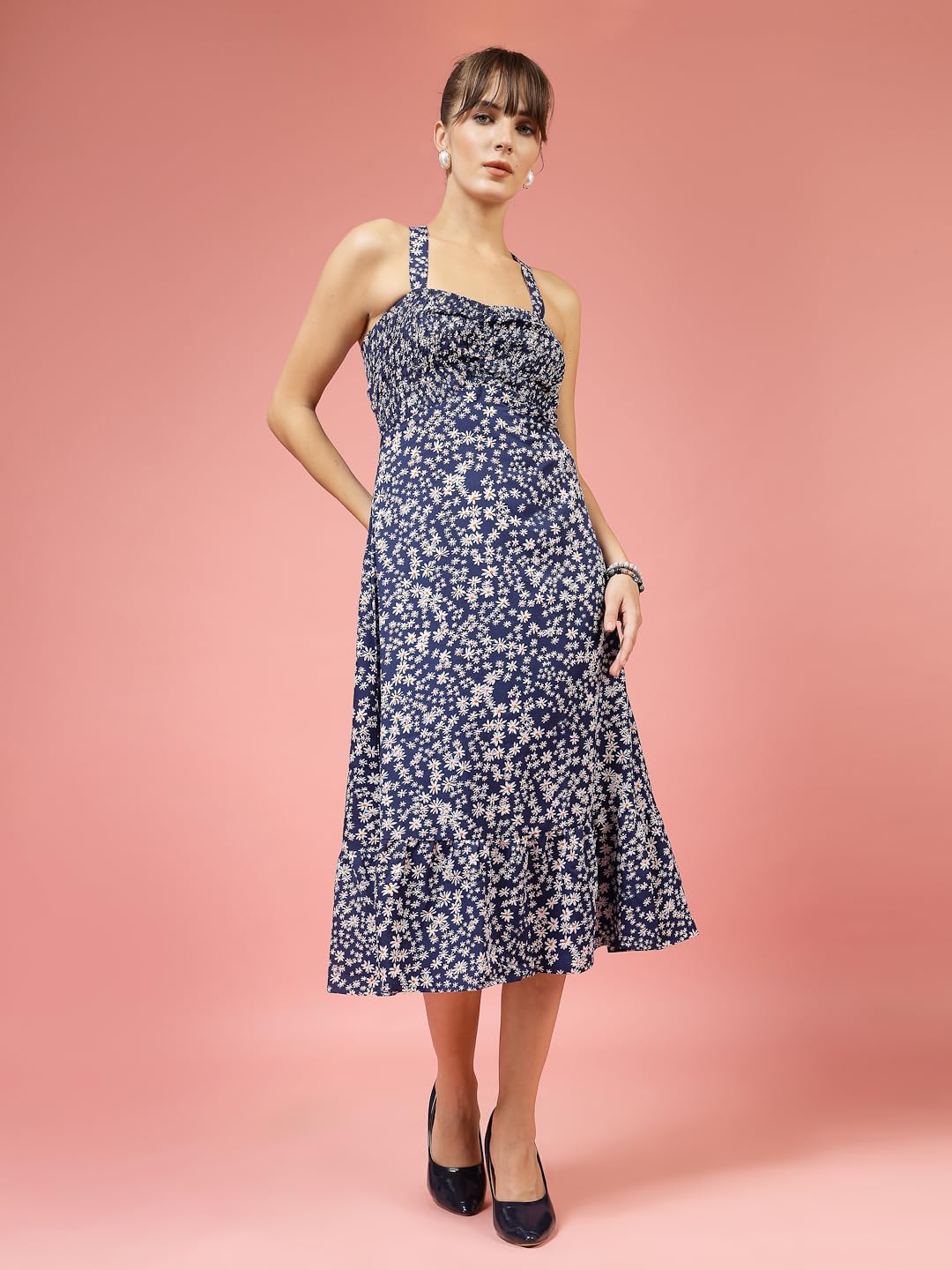 OOMPH! Women A-Line Printed Crepe Midi Dress, Smocked Bodice