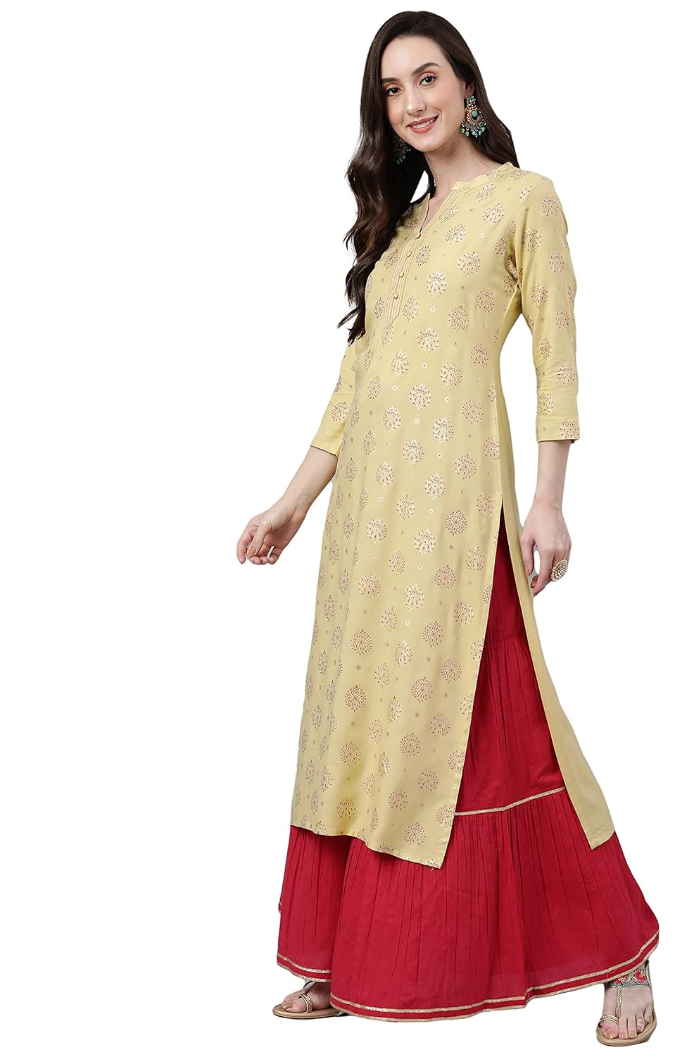 Women's Orange Rayon Gold Floral Print Straight Kurta