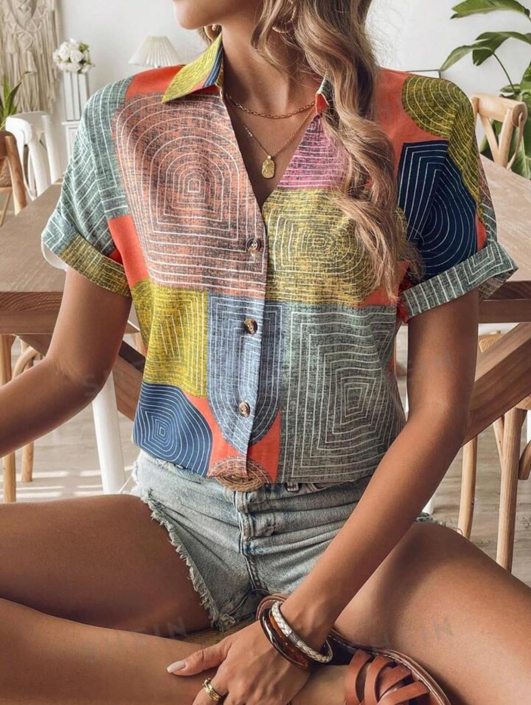 Gufrina Women's Colorful Abstract Geometric Print Shirt