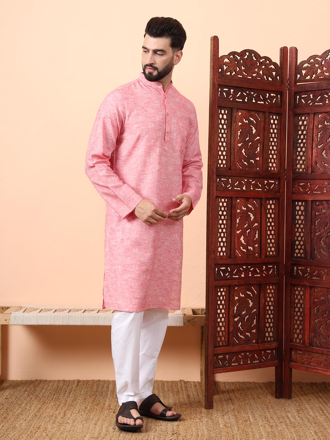 CHIKAN Men's Cotton Regular Textured Long Kurta