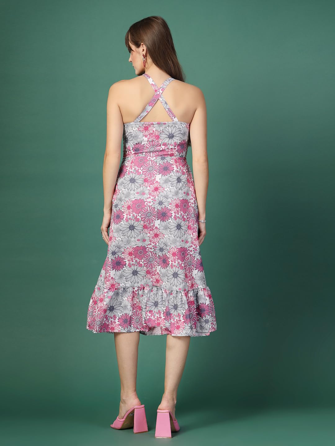 OOMPH! Women A-Line Printed Crepe Midi Dress, Smocked Bodice