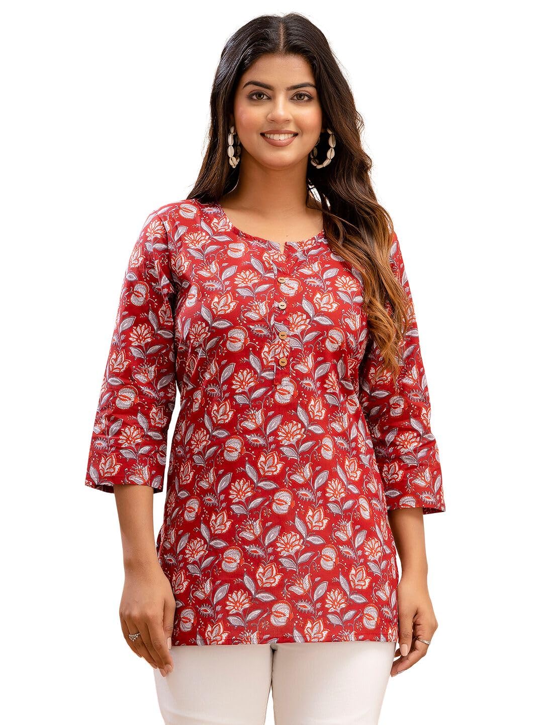feranoid Women Cotton Printed Straight Short Kurti