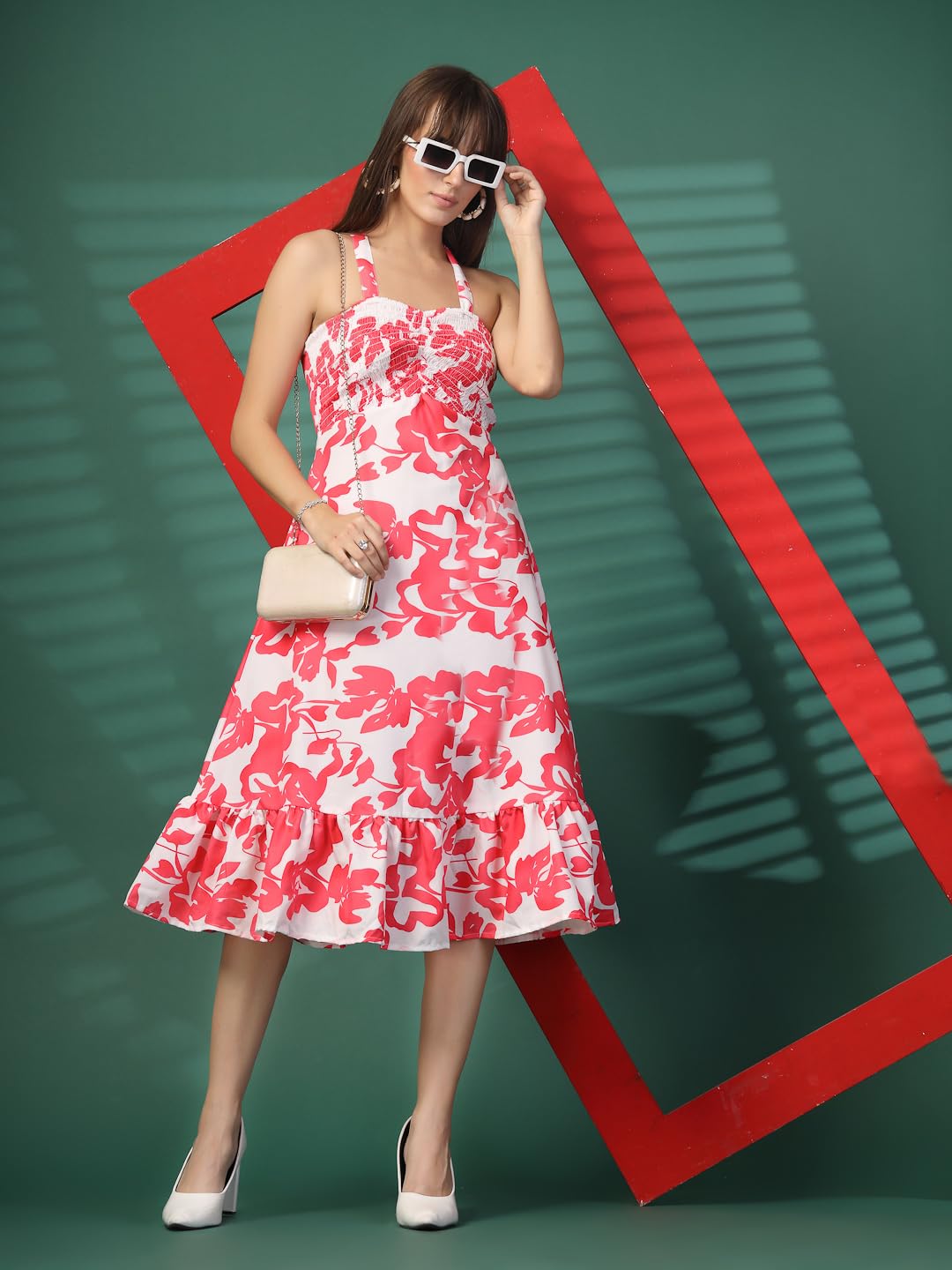OOMPH! Women A-Line Printed Crepe Midi Dress, Smocked Bodice