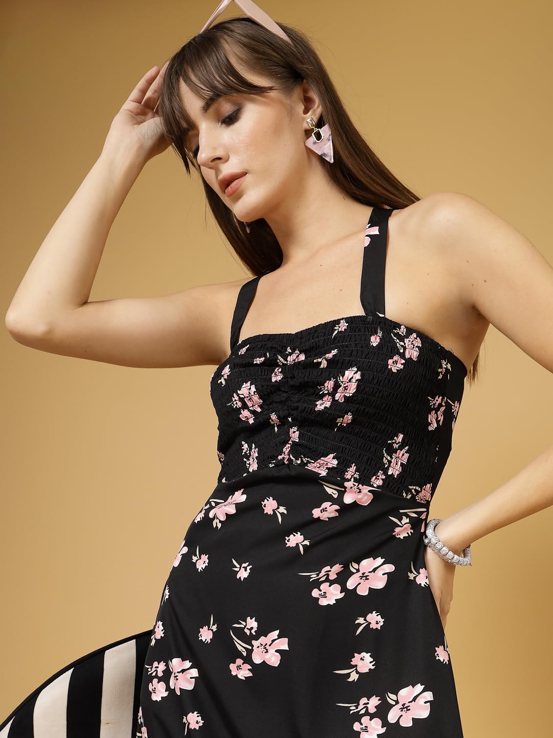 OOMPH! Women A-Line Printed Crepe Midi Dress, Smocked Bodice