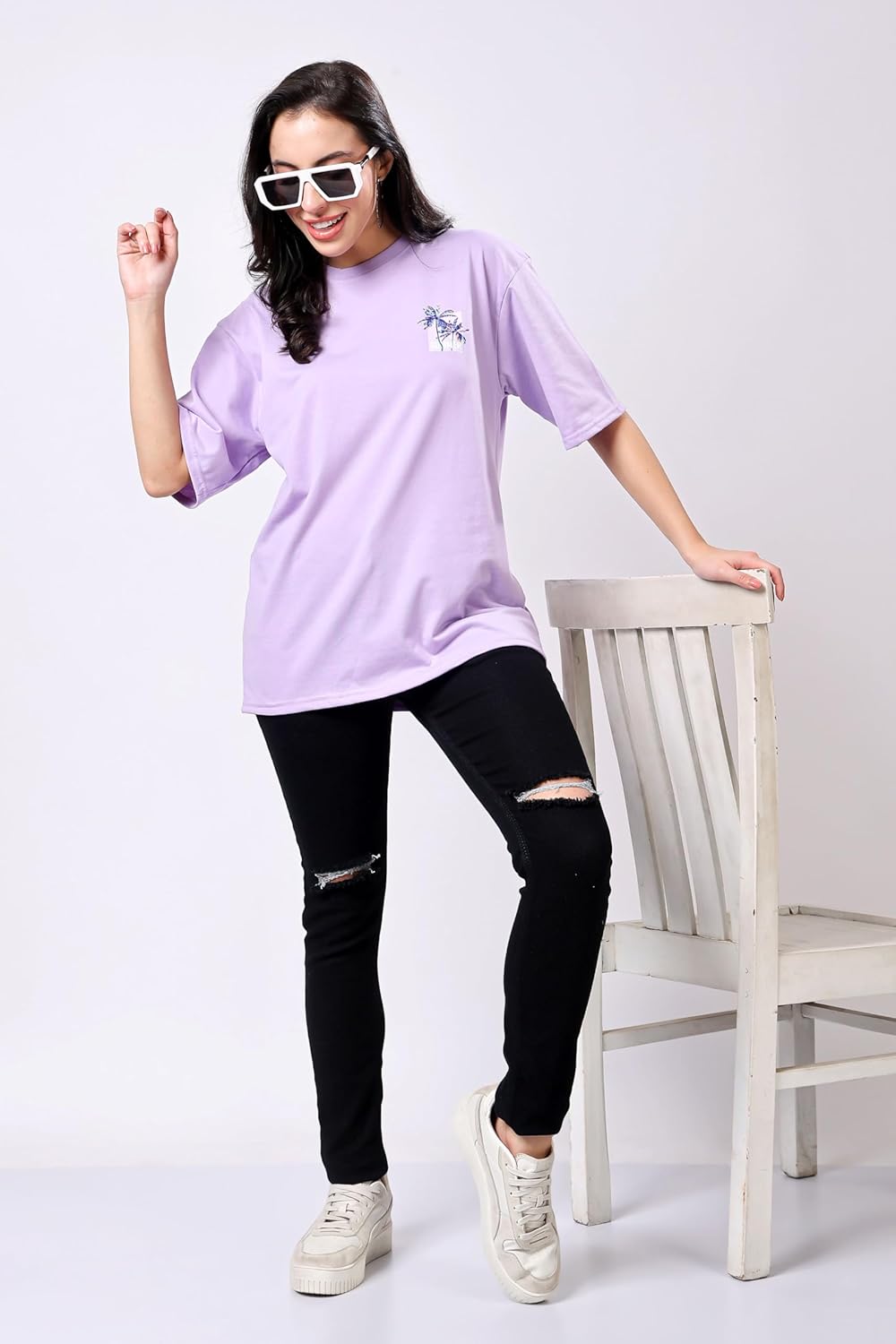TQH Women's Casual Printed Round Neck, Oversized Longline Drop Shoulder Boho Style T-Shirt