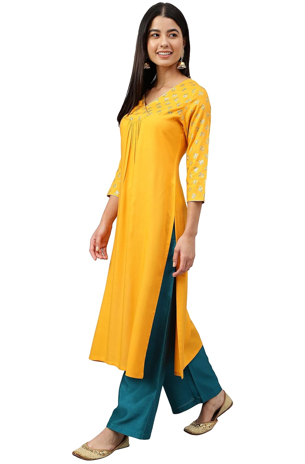 Women's Orange Rayon Gold Floral Print Straight Kurta