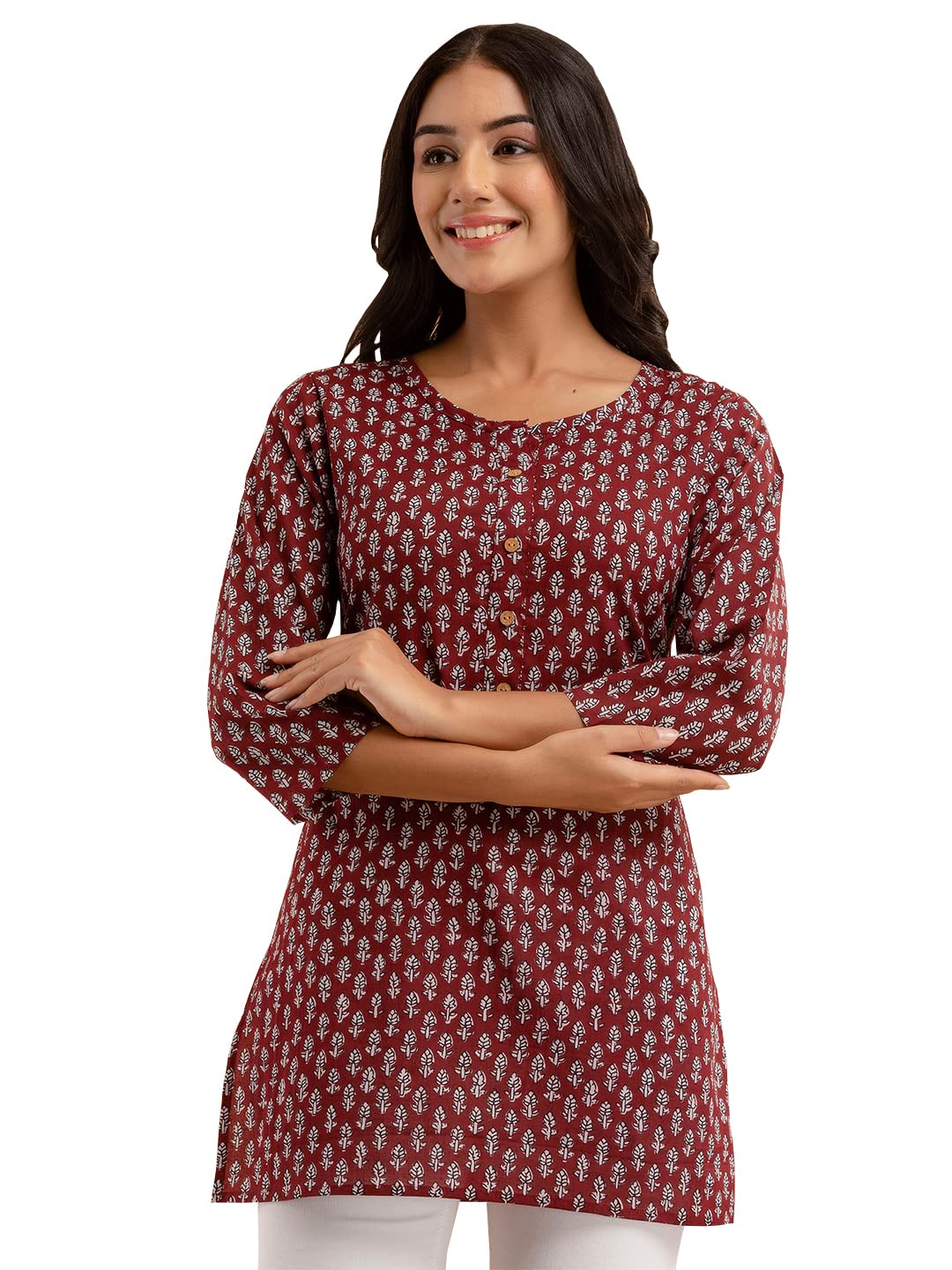 feranoid Women Cotton Printed Straight Short Kurti