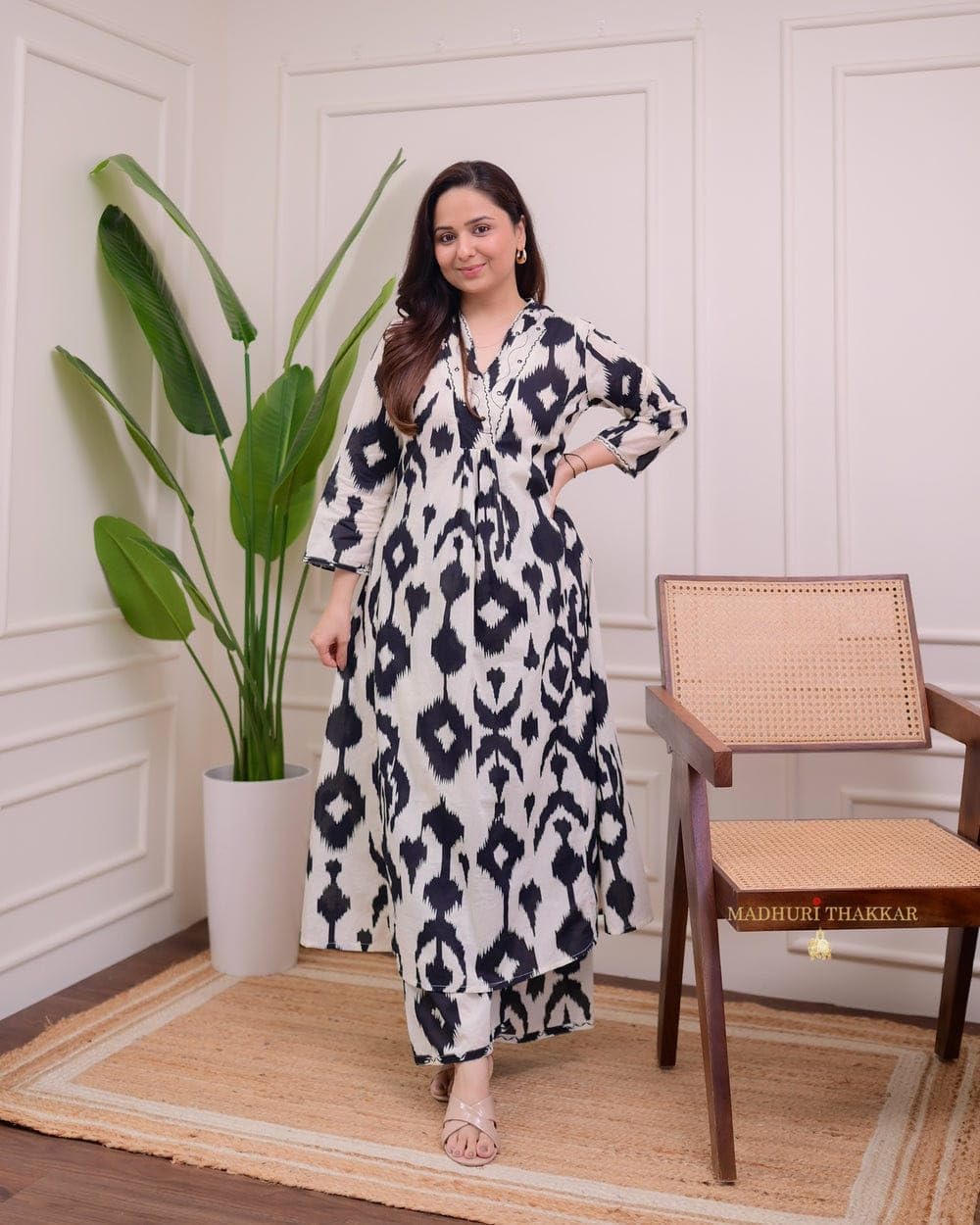 Ivory Green Floral Rayon A LINE Kurta Palazzo Set