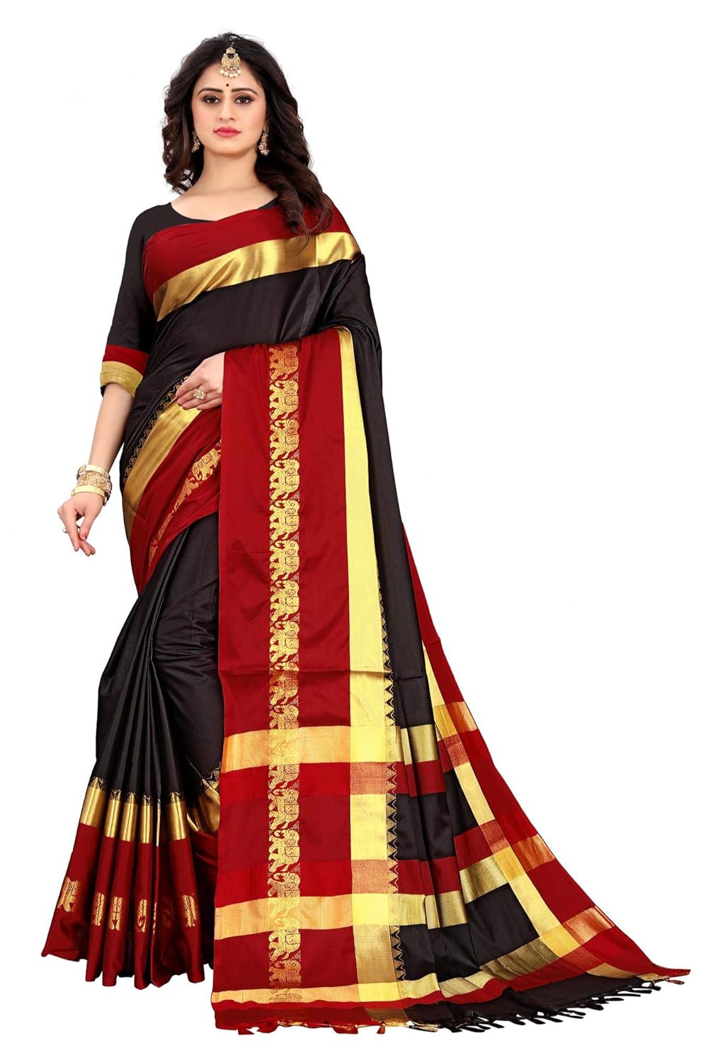 Women's Cotton Silk Plain Zari Work Designer Saree