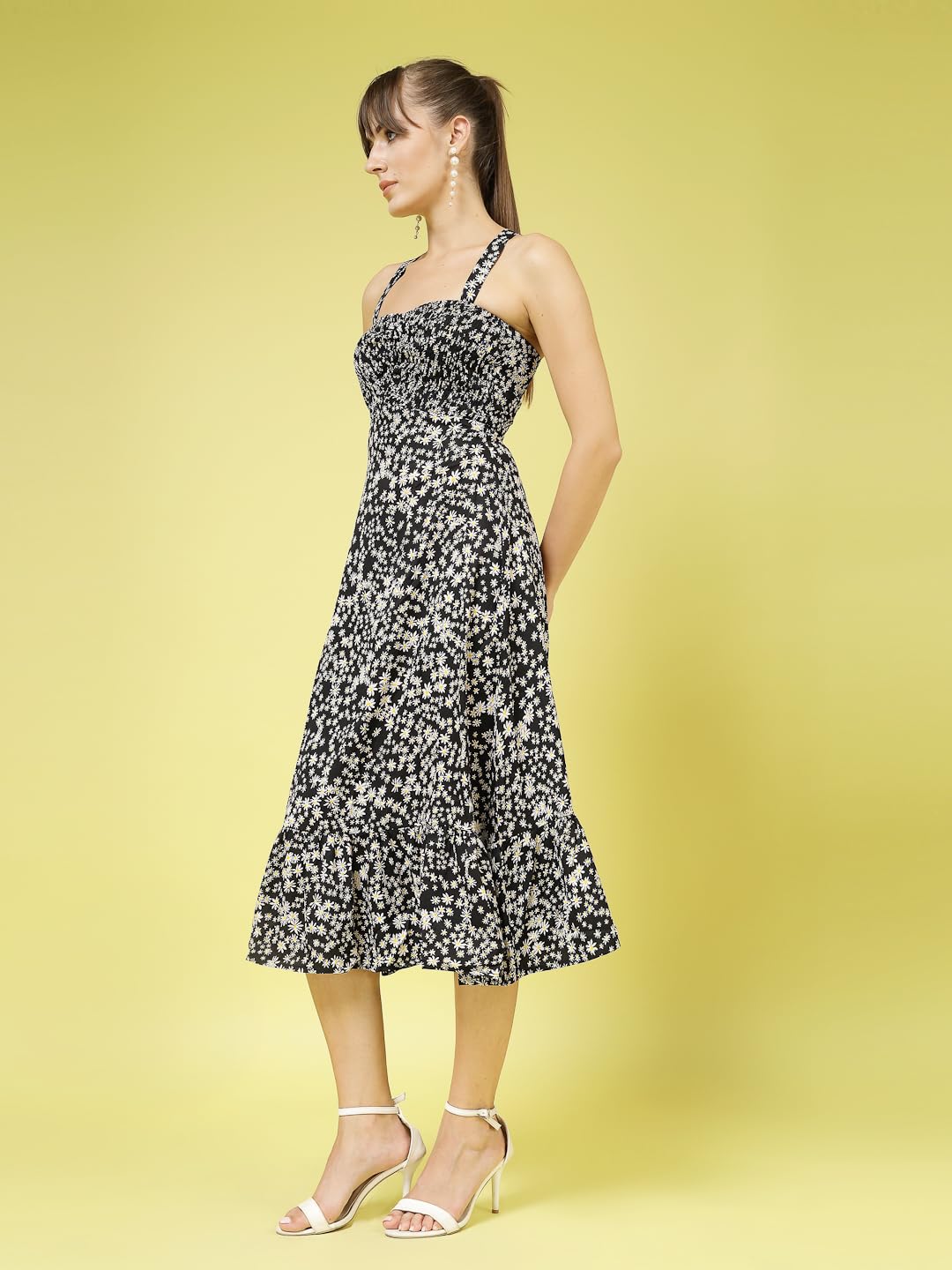 OOMPH! Women A-Line Printed Crepe Midi Dress, Smocked Bodice