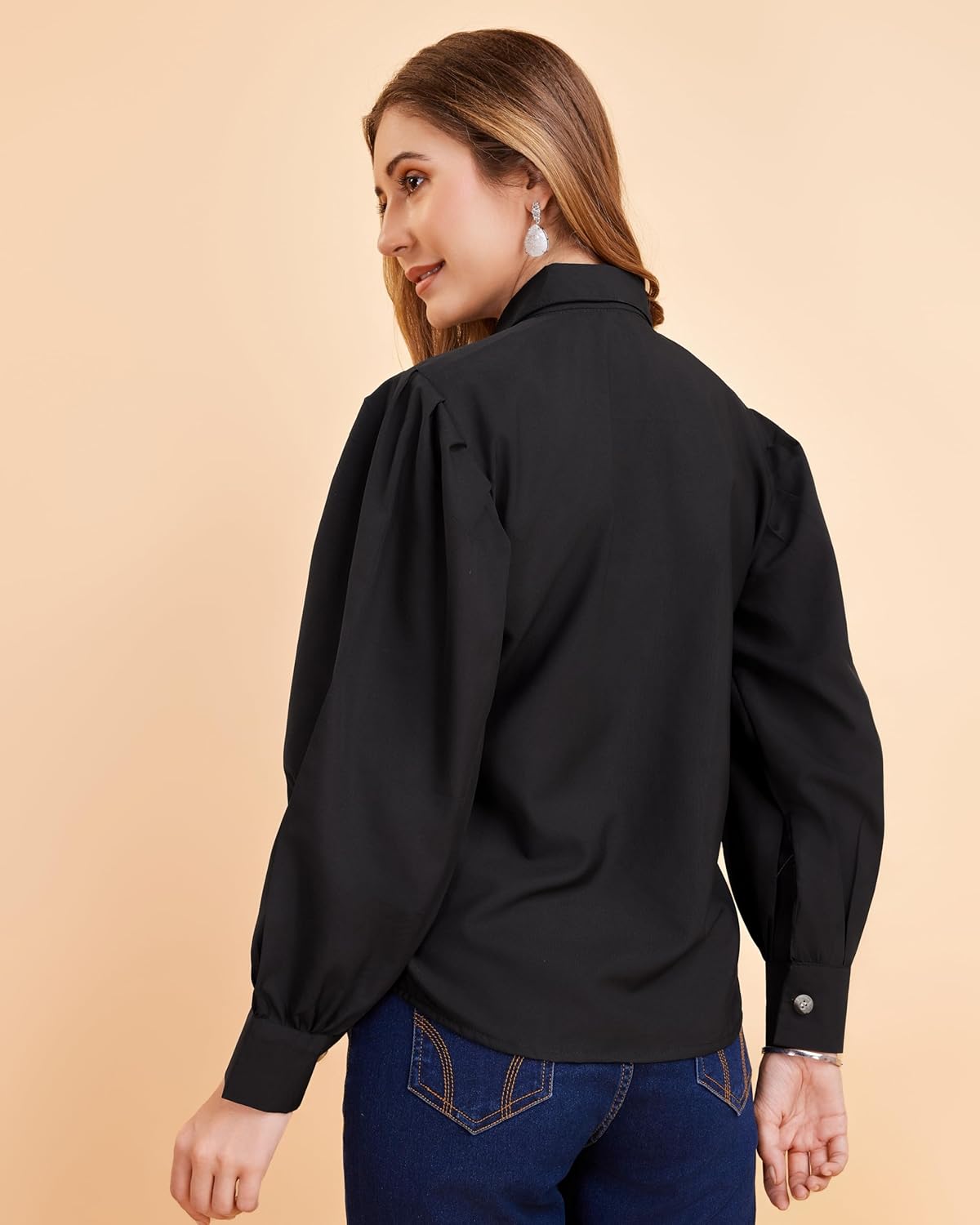 harshiv Enterprise Women's Crepe Casual Balloon Sleeve Shirt | Stylish Lightweight Top for Office, Travel Comfortable, Breathable, Easy to Care Fabric