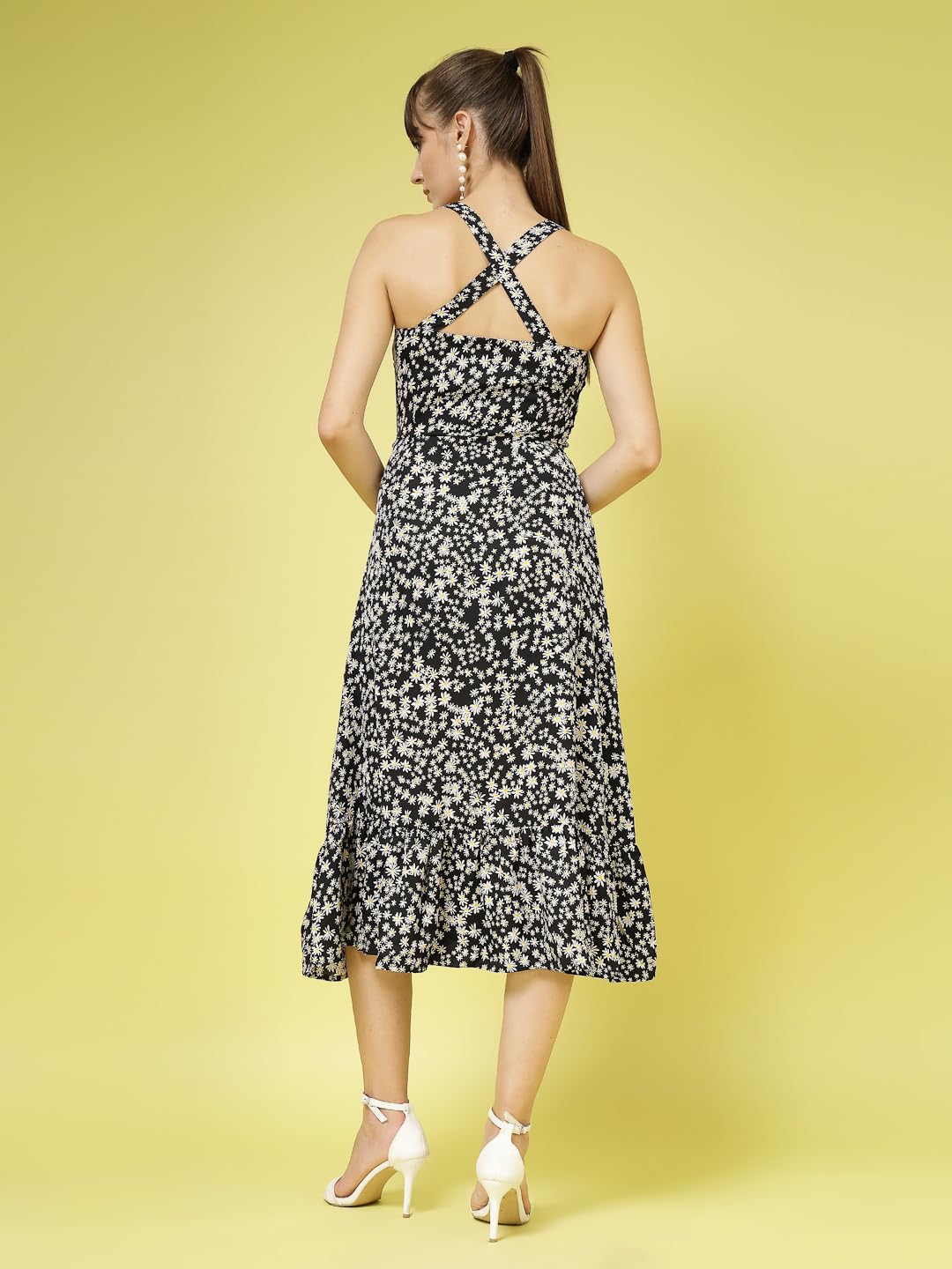 OOMPH! Women A-Line Printed Crepe Midi Dress, Smocked Bodice