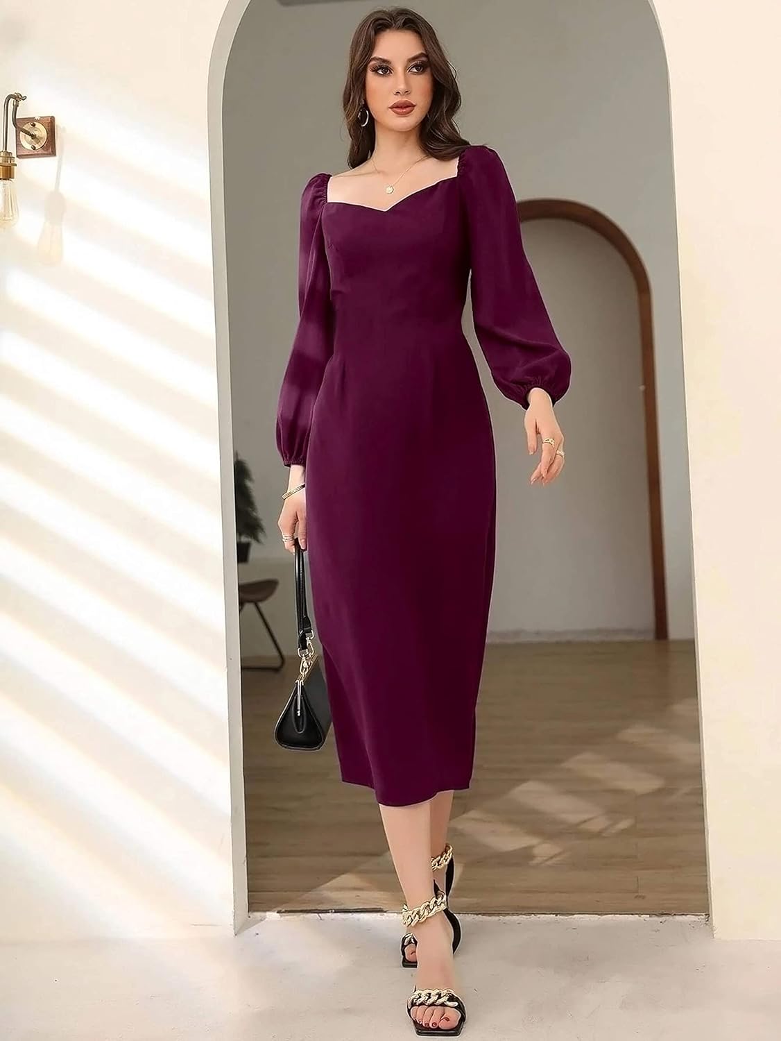 rosery paris Midi Bodycon Bishop Puff Sleeve One Piece Dress Causal Formal