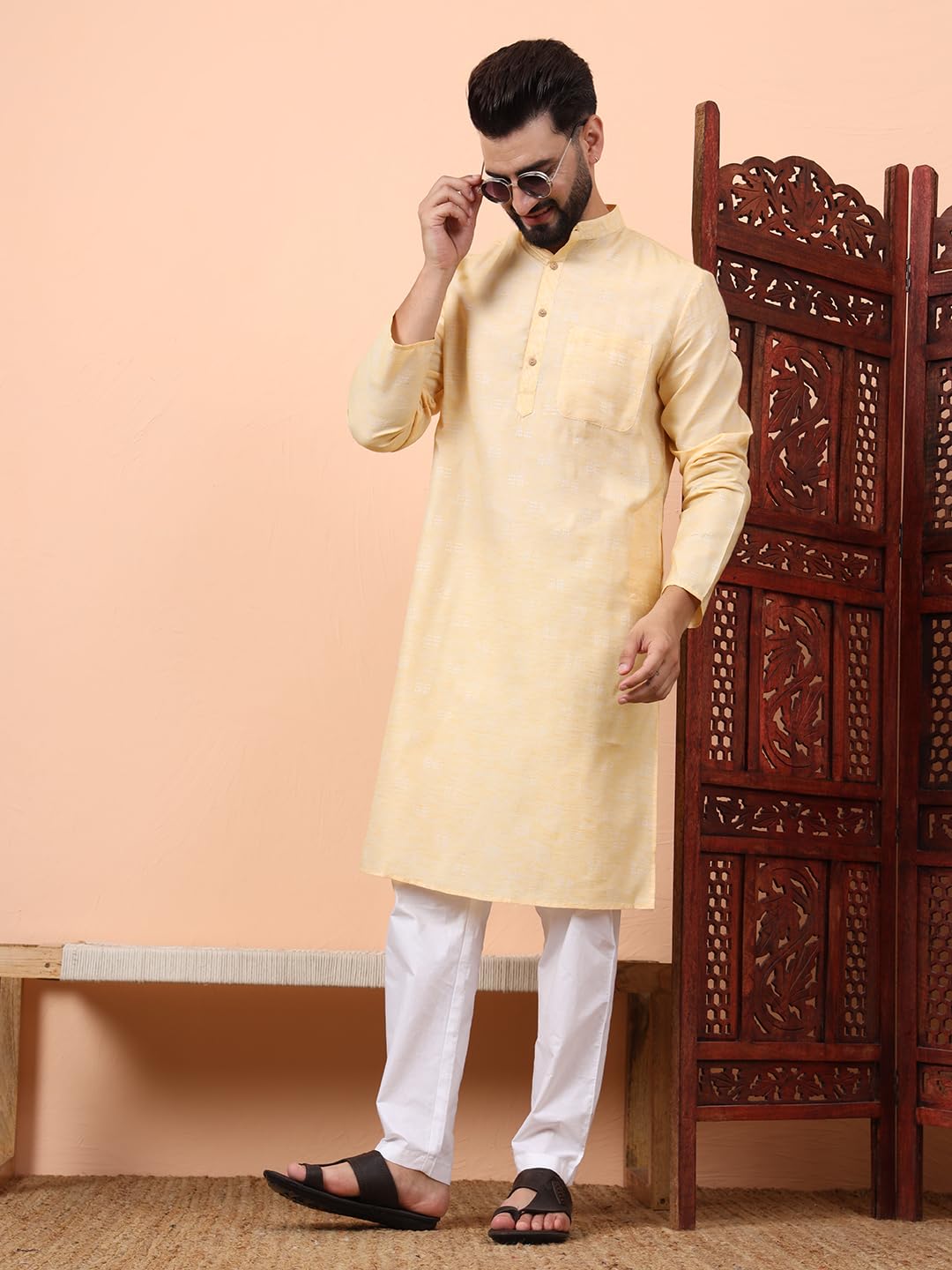 CHIKAN Men's Cotton Regular Textured Long Kurta