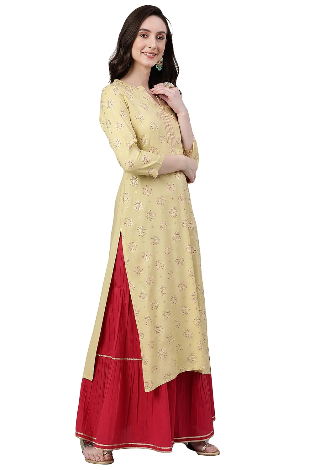 Women's Orange Rayon Gold Floral Print Straight Kurta