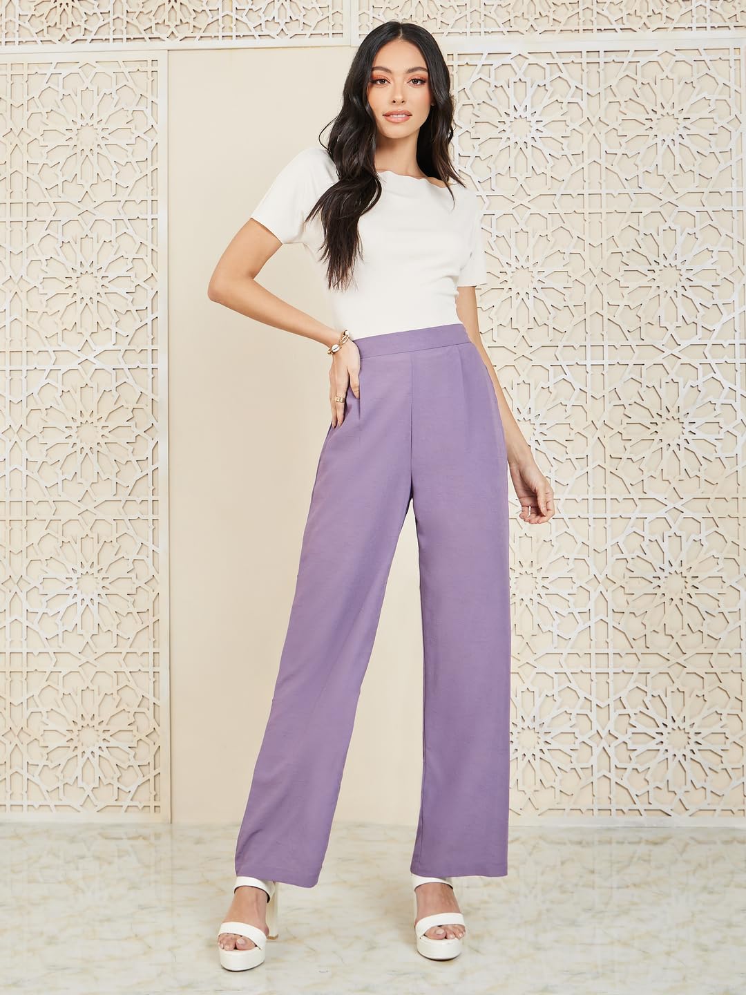 Styli Women’s Textured Pants | Rayon Wide-Leg
