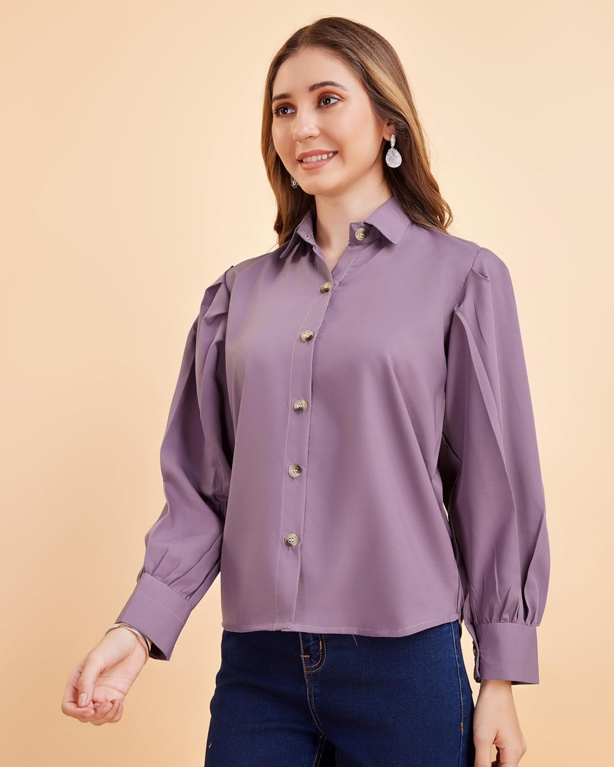 harshiv Enterprise Women's Crepe Casual Balloon Sleeve Shirt | Stylish Lightweight Top for Office, Travel Comfortable, Breathable, Easy to Care Fabric