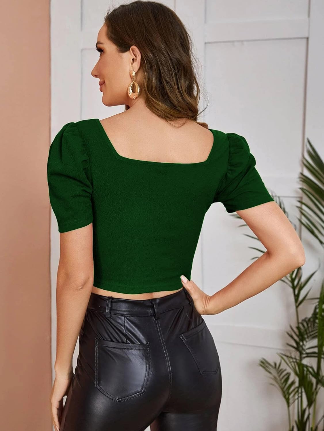 Istyle Can Solid/Plain Puff Sleeve/Short Sleeve Square Neck Slim Fit Streachable Lycra Blend Crop Top for Women | Crop top | Square Neck top | top for Women