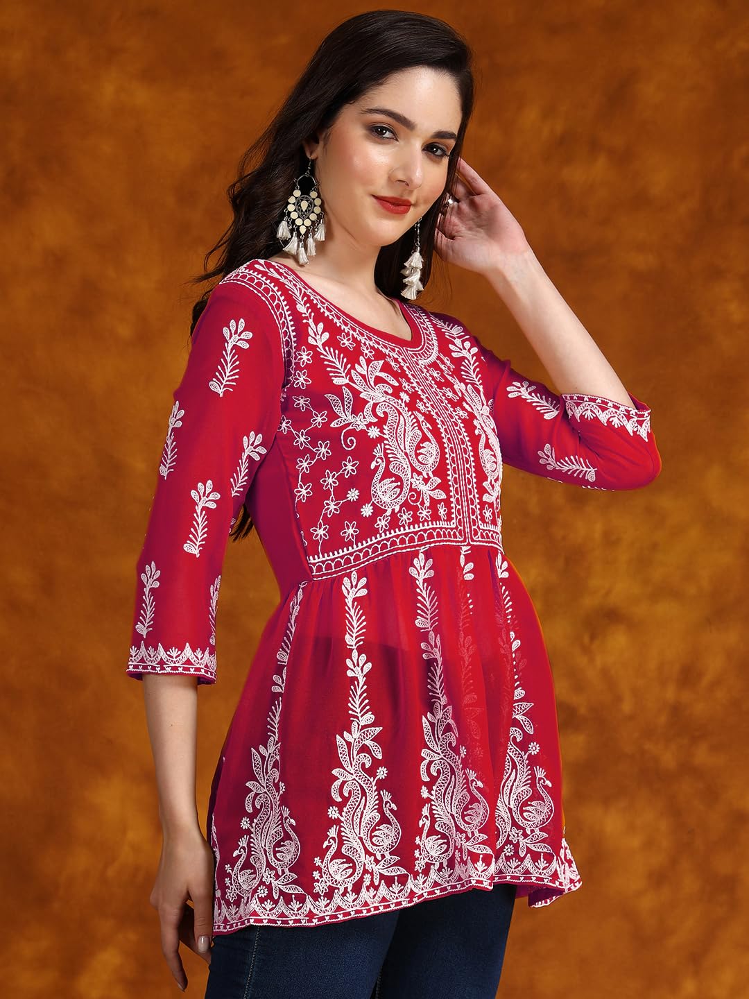 EthnicJunction Georgette Women Chikan Embroidery