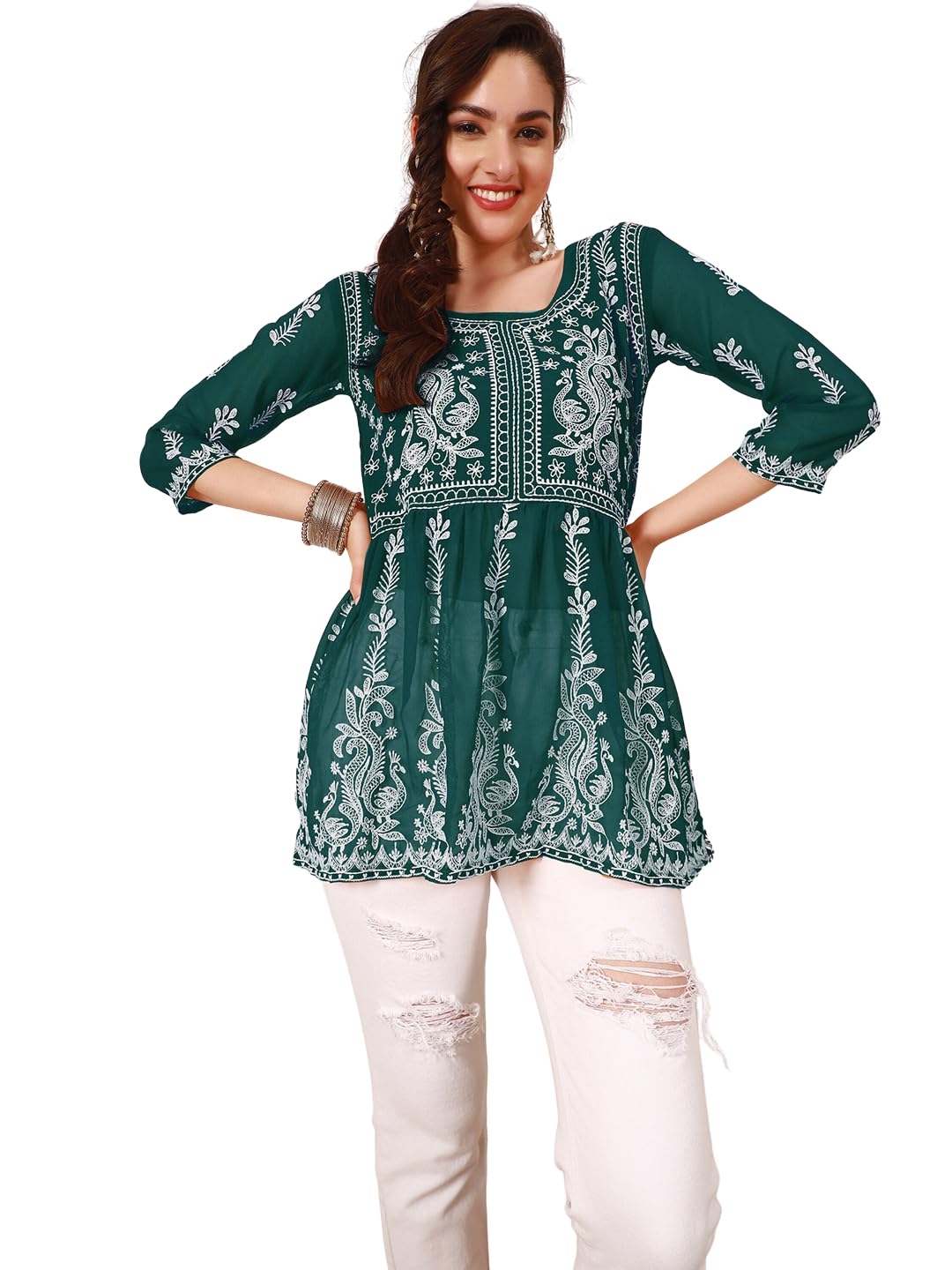 EthnicJunction Georgette Women Chikan Embroidery