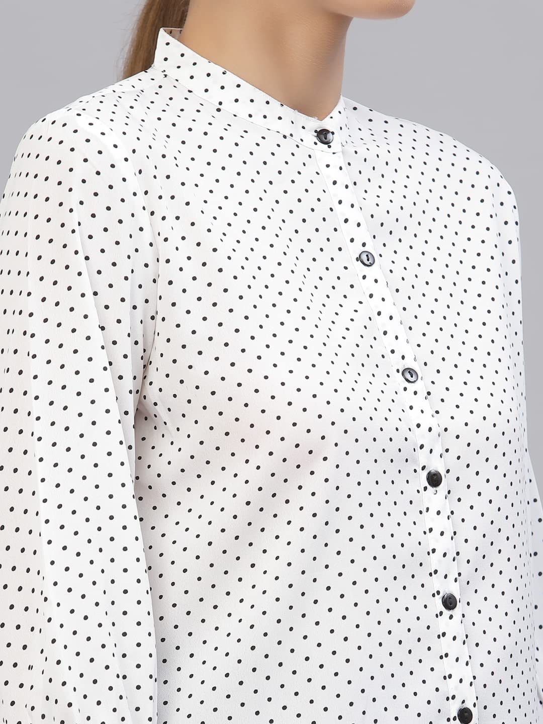Style Quotient Women White and Black Polka Dot Printed Polyester Formal Top