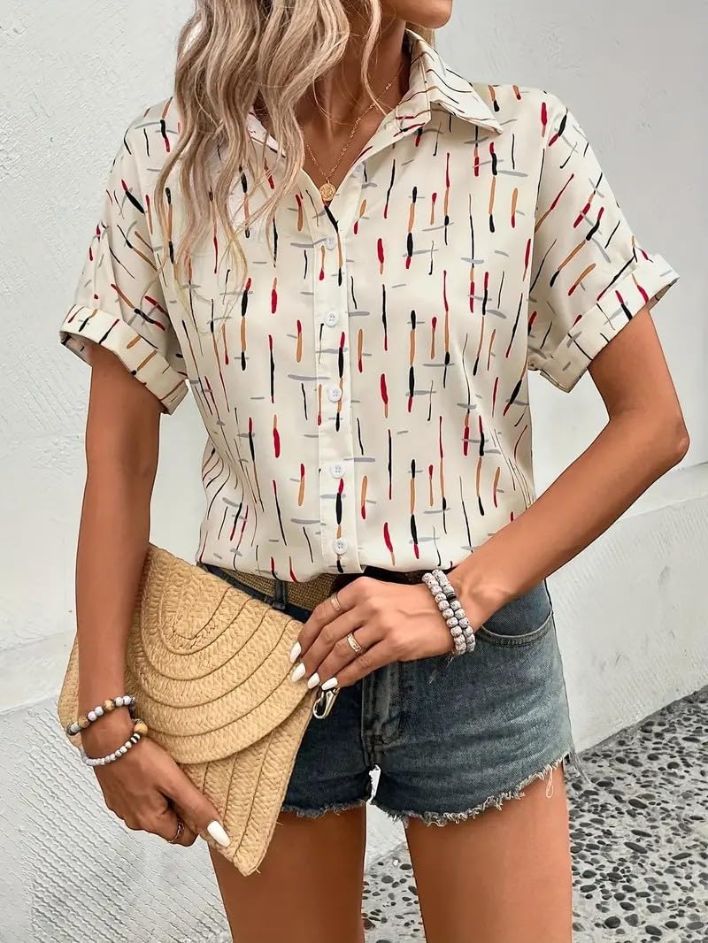Gufrina Women’s Short Sleeve Button Down Shirt with Abstract Brushstroke Print in Beige and Multicolor - Lightweight Casual Summer Top for Relaxed Fit