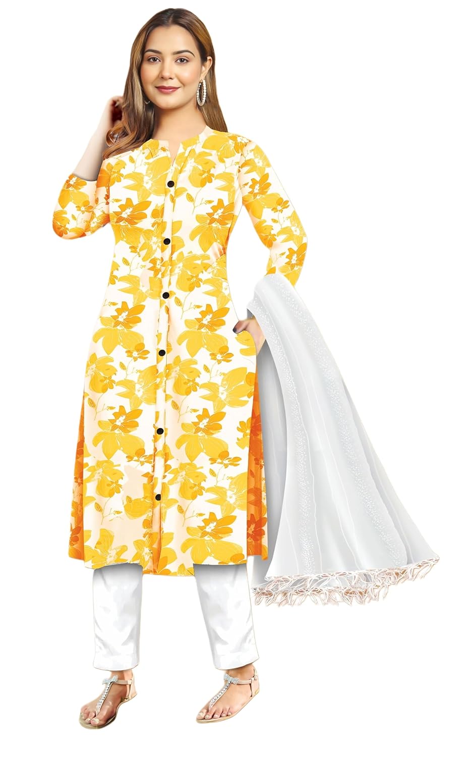 Women's Cotton Floral Print Kurti Pant Set with Dupatta