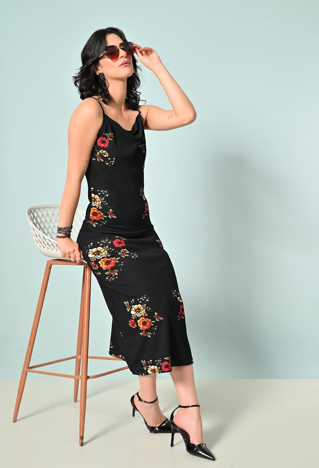 SAKSHI TRADER Women's Elegant Black Bodycon Midi Dress